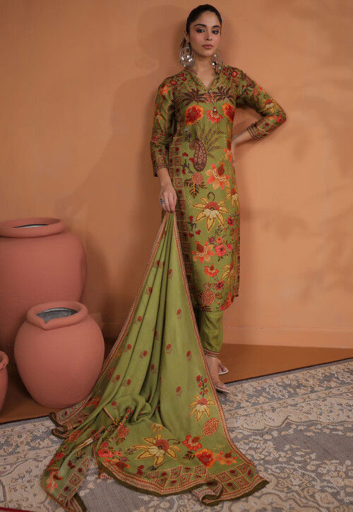 Digital Printed Tussar Silk Pakistani Suit in Olive Green
