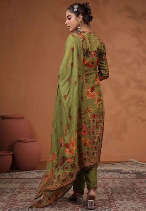 Digital Printed Tussar Silk Pakistani Suit in Olive Green