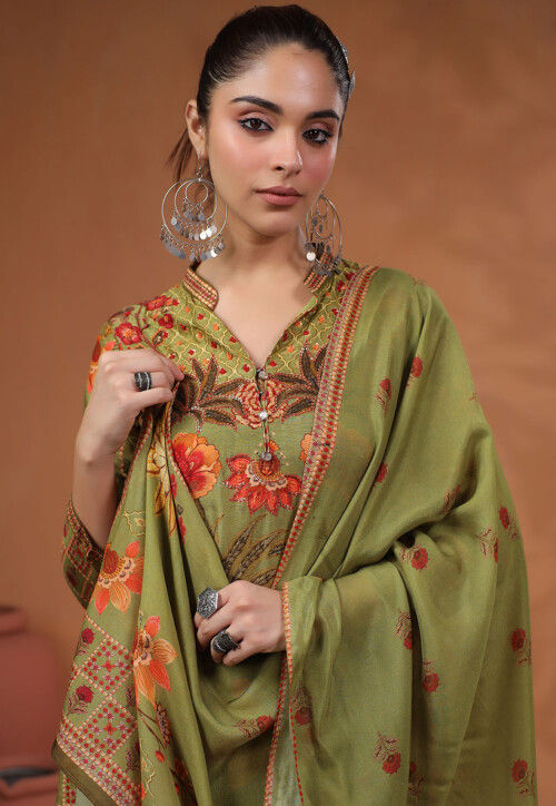 Digital Printed Tussar Silk Pakistani Suit in Olive Green