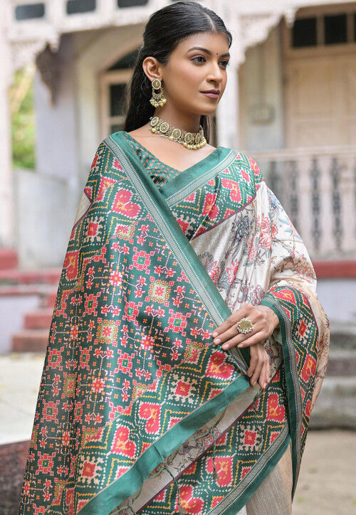 Beige & Sage Green Tussar Silk Printed Saree