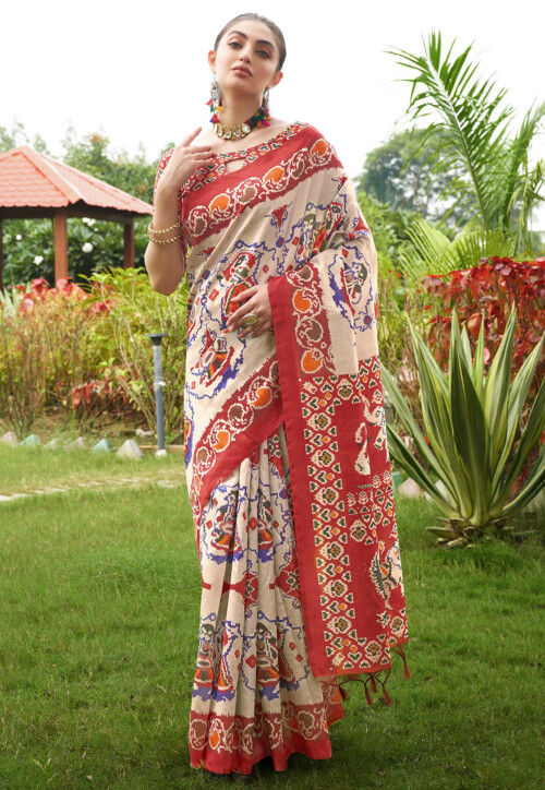 Digital Printed Tussar Silk Saree in Beige