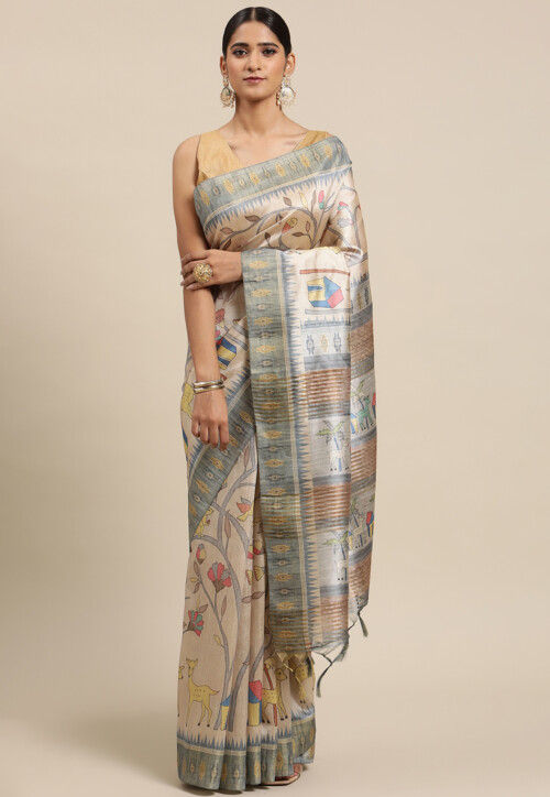 Digital Printed Tussar Silk Saree in Beige