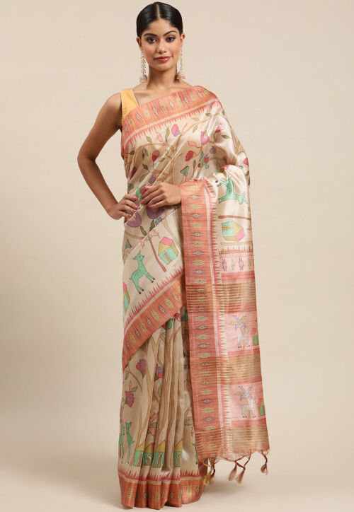 Digital Printed Tussar Silk Saree in Beige
