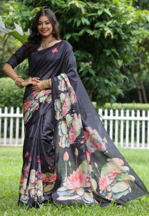 Digital Printed Tussar Silk Saree in Black