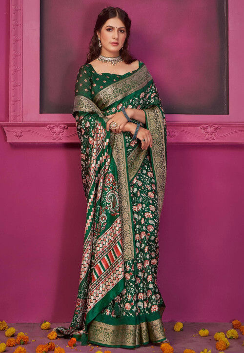 Buy Digital Printed Tussar Silk Saree in Dark Green Online SEW15587 Utsav Fashion