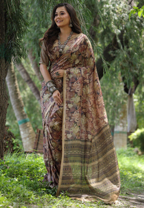 Digital Printed Tussar Silk Saree in Multicolor