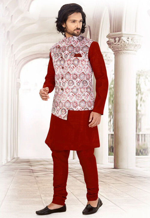 Digital Printed Velvet Asymmetric Nehru Jacket in Off White