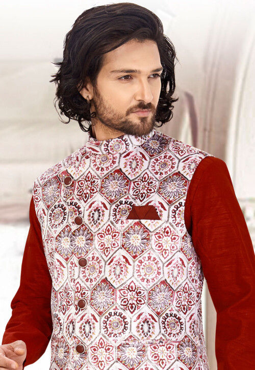 Digital Printed Velvet Asymmetric Nehru Jacket in Off White