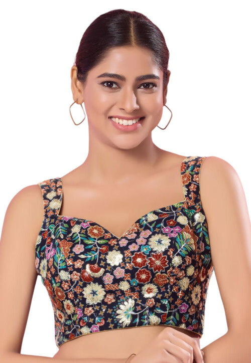 Digital Printed Velvet Blouse in Navy Blue