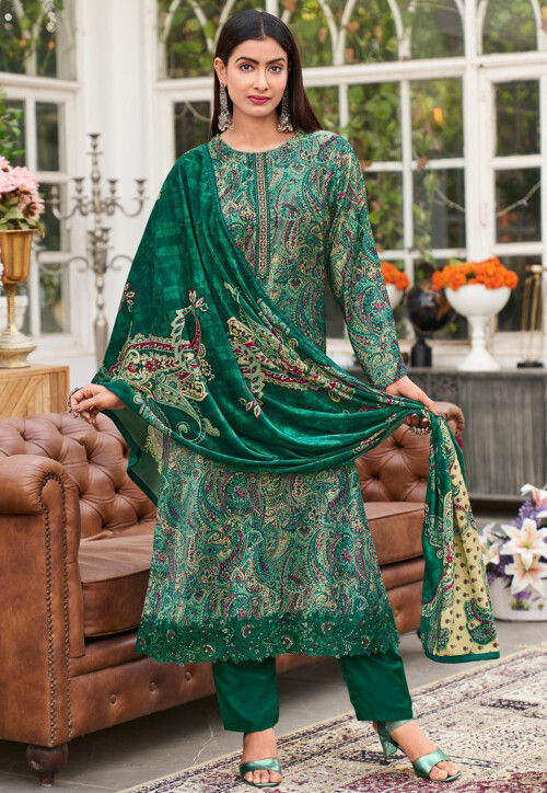 Digital Printed Velvet Pakistani Suit in Teal Green