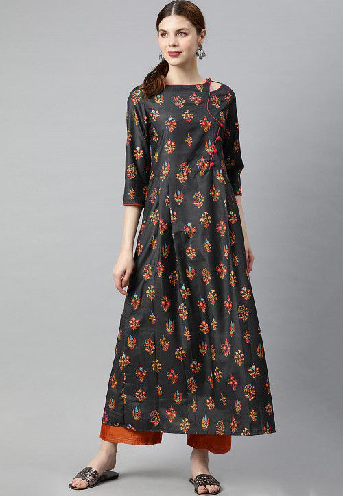 Digital Printed Viscose A Line Kurta in Black