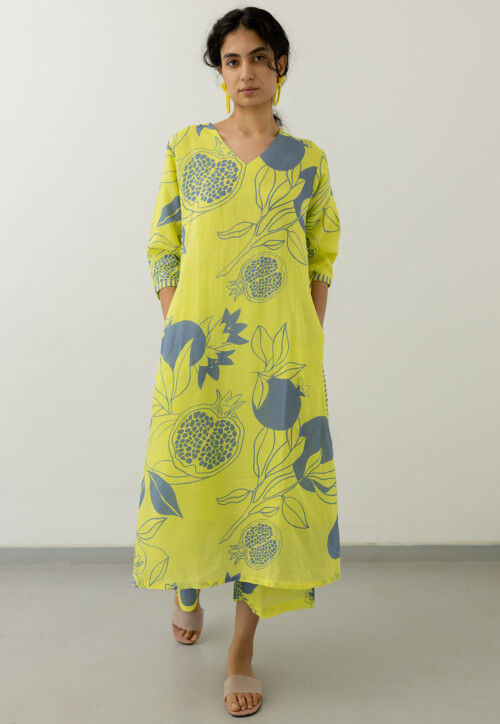 Digital Printed Viscose Cotton A Line Kurta Set in Yellow