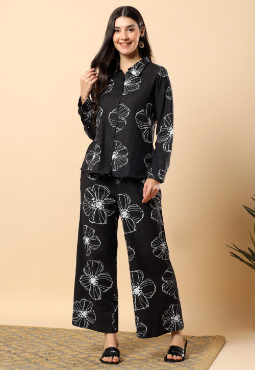 Digital Printed Viscose Cotton Co Ord Set in Black