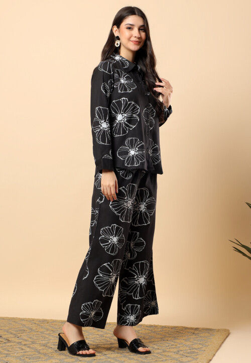 Digital Printed Viscose Cotton Co Ord Set in Black