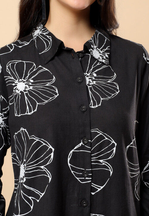 Digital Printed Viscose Cotton Co Ord Set in Black