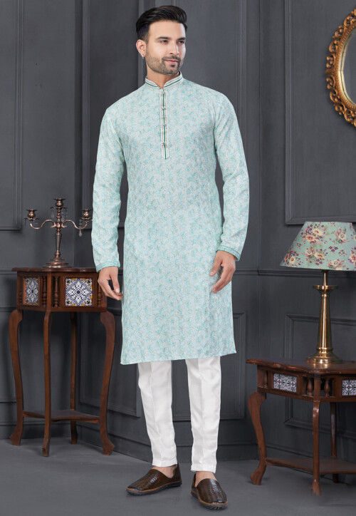 Digital Printed Viscose Cotton Kurta Set in Off White