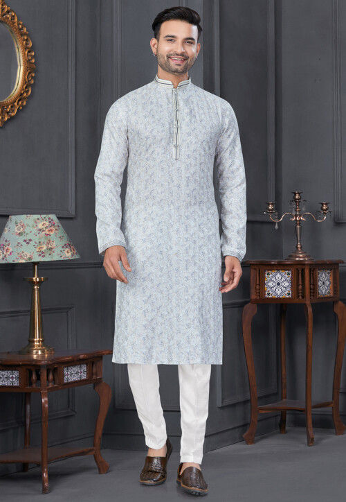 Digital Printed Viscose Cotton Kurta Set in Off White