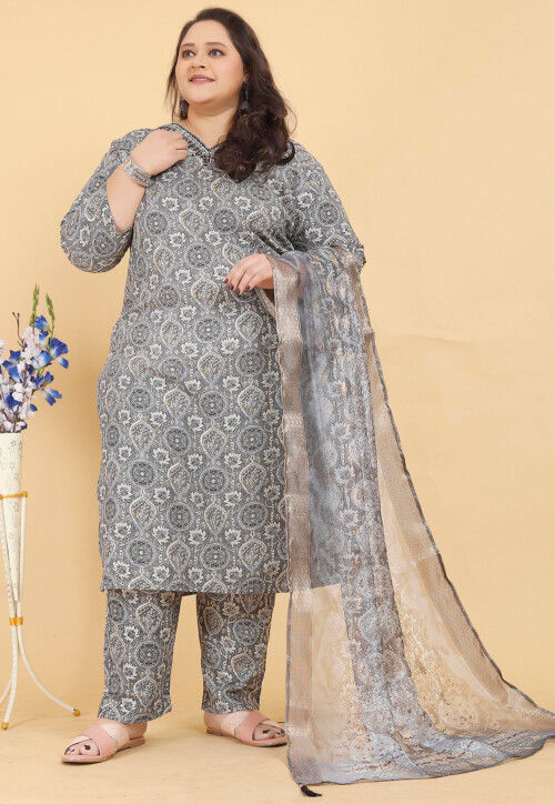 Digital Printed Viscose Cotton Pakistani Suit in Grey