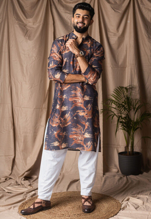 Digital Printed Viscose Cotton Short Kurta Set in Black