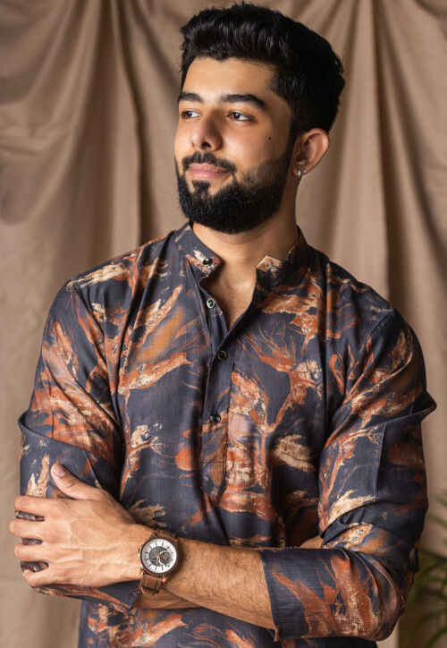 Digital Printed Viscose Cotton Short Kurta Set in Black