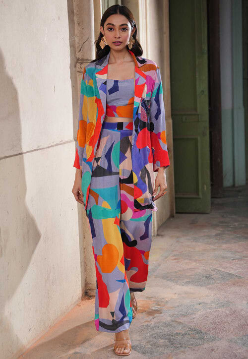 Digital Printed Viscose Crepe Co Ord Set with Jacket in Multicolor