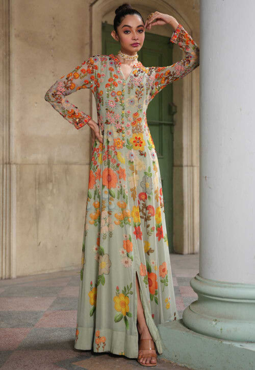 Designer Sea Green Saree Gown With Hand Work BP0246