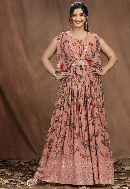Pink Printed Georgette Gown – Haute Attire
