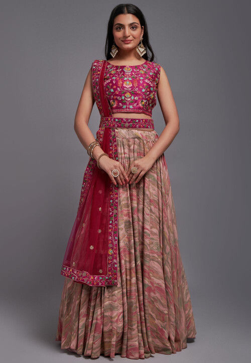 Digital Printed Viscose Lehenga in Peach and Multicolor