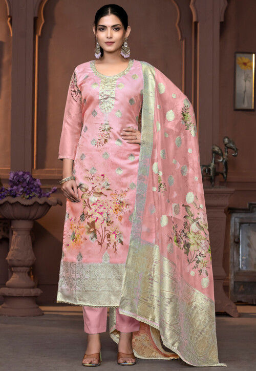 Digital Printed Viscose Organza Jacquard Pakistani Suit in Peach