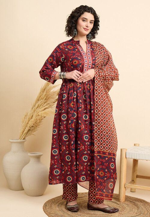 Digital Printed Viscose Rayon A Line Suit in Maroon