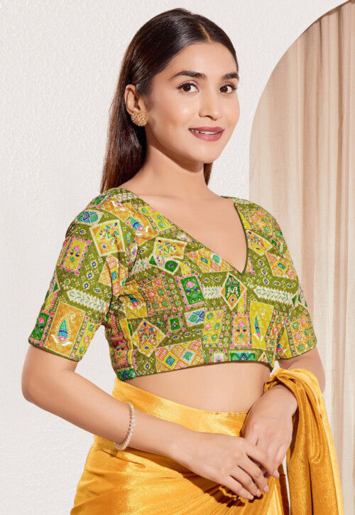 Digital Printed Viscose Rayon Blouse in Olive Green