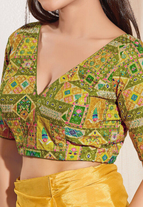 Digital Printed Viscose Rayon Blouse in Olive Green