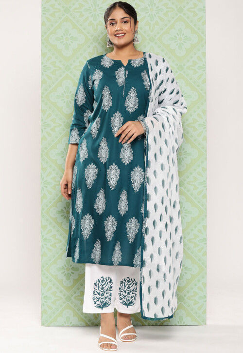 Digital Printed Viscose Rayon Pakistani Suit in Teal Blue