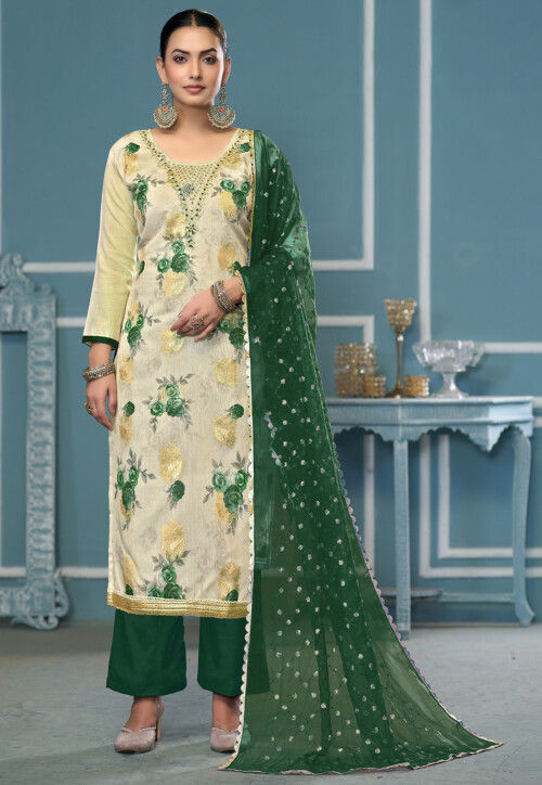Digital Printed Viscose Silk Jacquard Pakistani Suit in Cream