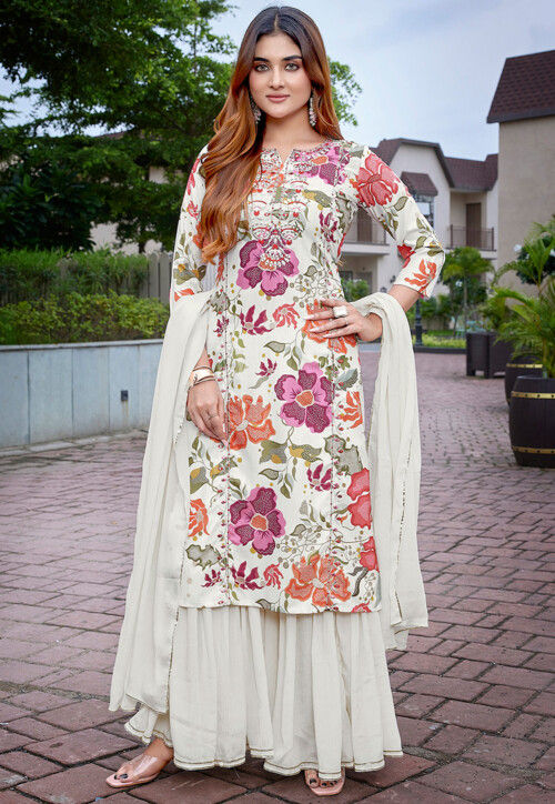 Digital Printed Viscose Silk Pakistani Suit in Off White