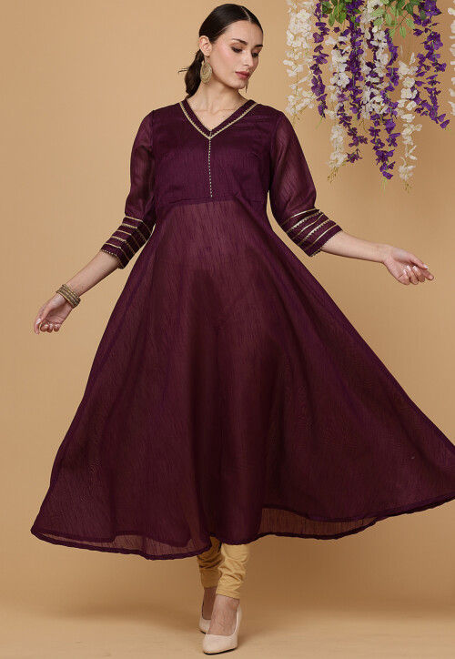 Embellished Art Silk A Line Kurta Set in Purple