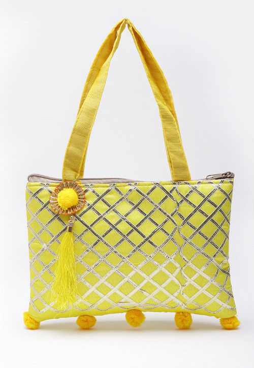 Embellished Art Silk Hand Bag in Yellow
