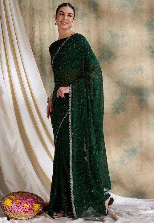 Embellished Art Silk Saree with Sequin Floral Motifs & Crystal Bead Border