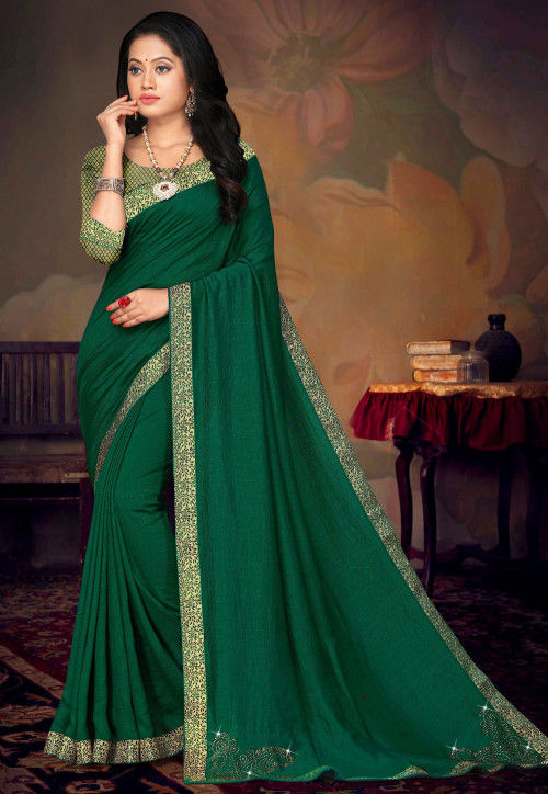 Dark Green Stone Work Silk Saree By Riwazo