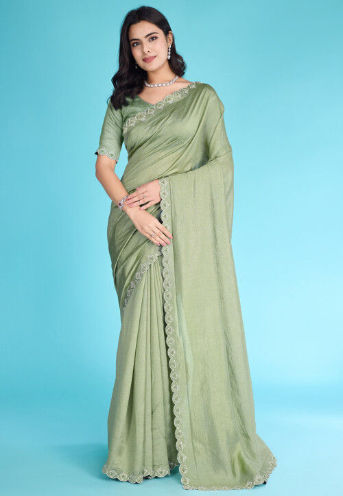 Embellished Art Silk Saree in Dusty Green