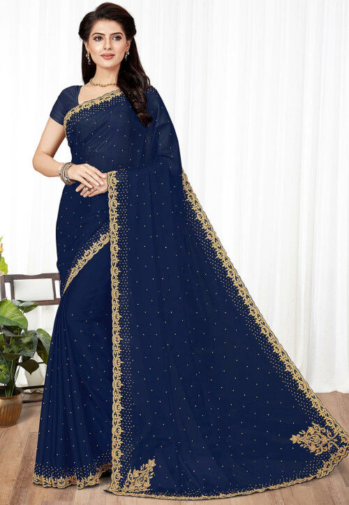 Embellished Art Silk Saree in Navy Blue