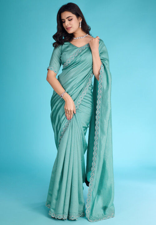 Embellished Art Silk Saree in Sea Green
