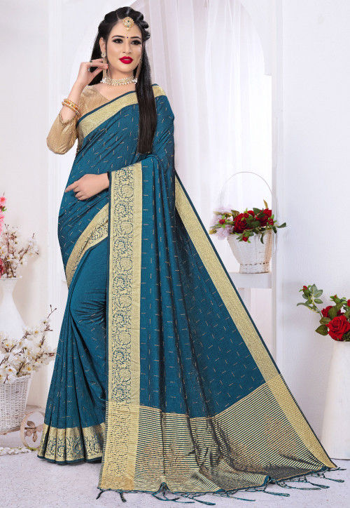 Embellished Art Silk Saree in Teal Blue : SCBA2023