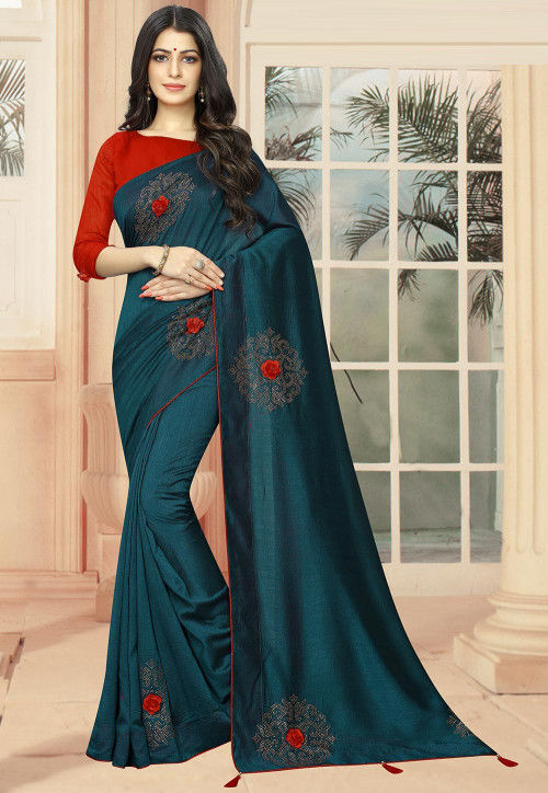 Embellished Art Silk Saree in Teal Blue
