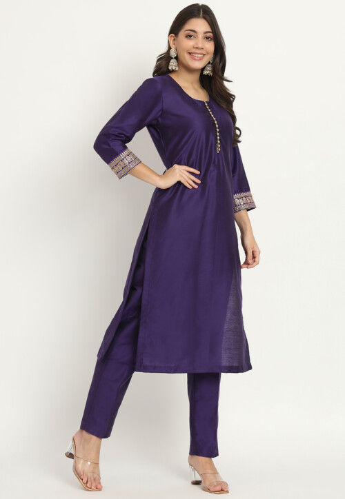 Purple Embellished A-line Kurta with Attached Drape