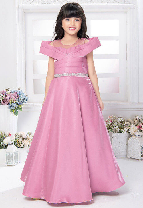 Embellished Belt Satin Gown in Pink