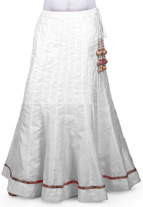 Embellished Border Bhagalpuri Silk Long Skirt in White