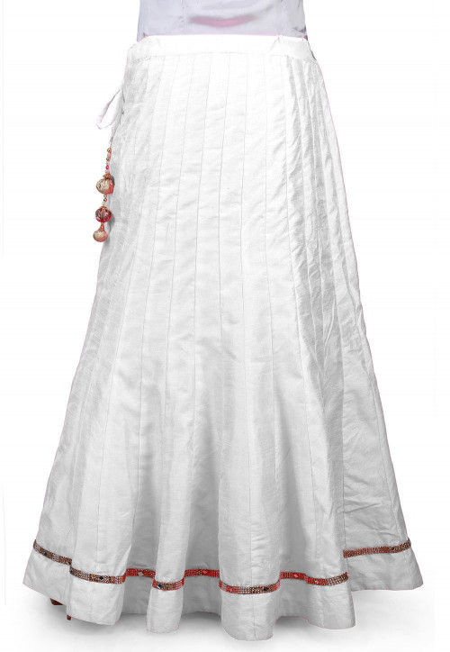 Embellished Border Bhagalpuri Silk Long Skirt in White : BJG121