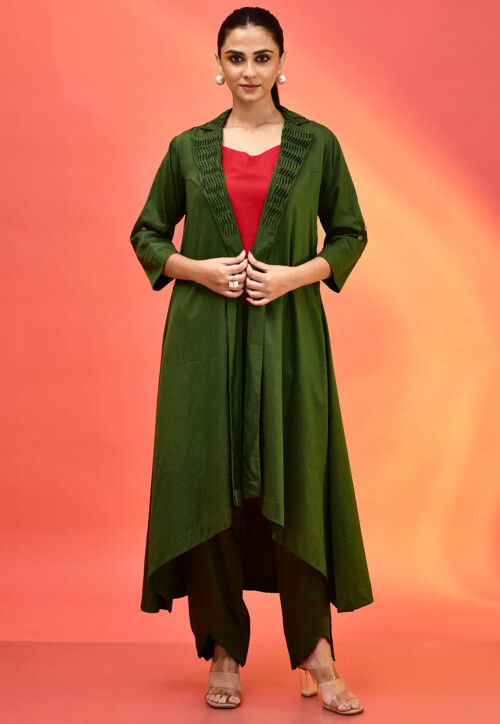 Embellished Border Cotton Crop Top Set in Red