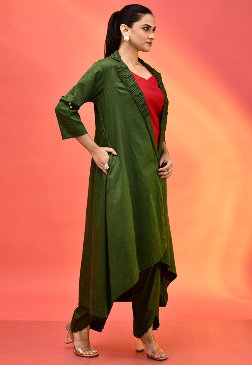 Embellished Border Cotton Crop Top Set in Red